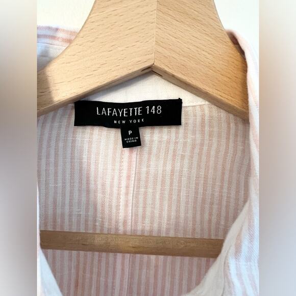 Lafayette 148 100% linen button down blouse pink and white stripe petite bead - Picture 6 of 12